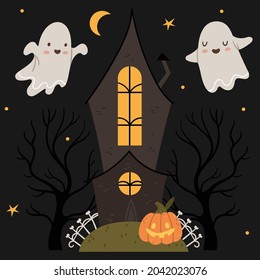 Halloween set. Cute ghosts fly around a gothic house. Halloween pumpkin. Autumn mood. Night sky.