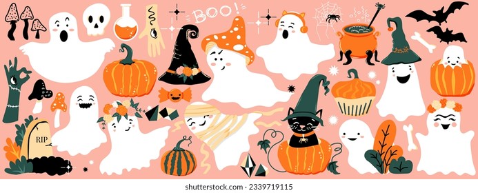 Halloween set. Cute ghosts, pumpkins, bats, black cat, bones, witch hats and mushrooms. Vector illustration