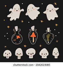 Halloween set. Cute ghosts, skulls and magic bottles. Autumn mood. Night sky.