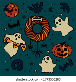 Halloween set cute hand drawn vector illustrations wreath, ghosts boo, pumpkin, bats, moon, spiders, skull