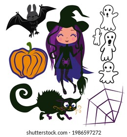 Halloween set with a cute little Big-headed witch holding a broomstick, a black witch cat, a pumpkin, ghosts, a cute bat, a spider web. Vector images on white background 