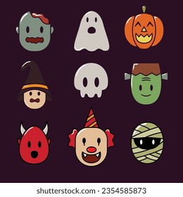 Halloween set with cute and spooky characters and stuff. Funny doodle Helloween bundle with holiday pumpkin, hat, candy for October party. Kids flat vector illustrations isolated on white background