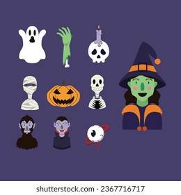 Halloween set with cute and spooky characters and stuff. Funny doodle Helloween bundle with holiday pumpkin, hat, candy for October party. Kids flat vector illustrations isolated on white background