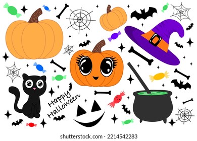 Fiesta de Halloween. Elementos de Halloween agradables y espeluznantes. Decoración, fiesta, invitación. Cartel, pegatina, folleto, afiche, tarjeta. Ilustración vectorial.