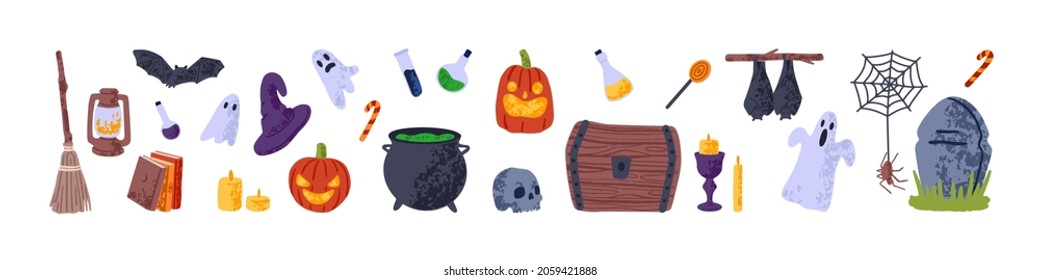 Halloween set with cute and spooky ghost, pumpkin with face, bat and spider on web. Elements for autumn scary party, October holiday. Colored flat vector illustration isolated on white background