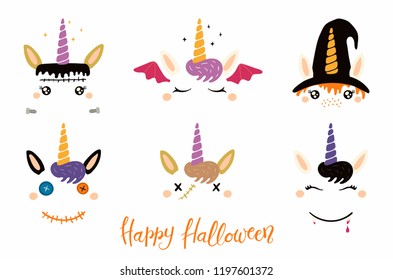 Halloween set with cute unicorn faces, witch, vampire, zombie, Frankenstein, devil. Isolated objects. Hand drawn vector illustration. Flat style design. Concept for children print, party invitation