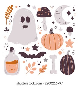 Halloween set of cute vector illustration. Pumpkin, ghost and other autumn objects.