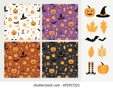 Halloween set. Cute vector seamless patterns with leaves and pumpkin. Autumn, Fall. Vector set of Cartoon badges, stickers.
