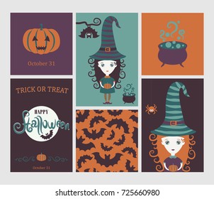 Halloween set. Cute witch in hat,  spider, bat,Halloween pumpkin, copper with  potion.