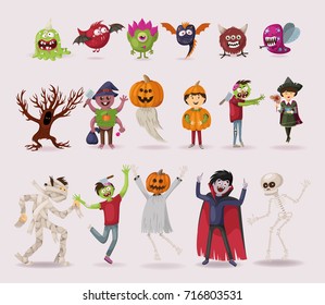 halloween set. dancing. zombie, ghost, skeleton, vampire, pumpkin, monsters, vector