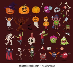 halloween set. dancing. zombie, ghost, skeleton, vampire, pumpkin, monsters, vector