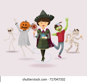 halloween set. dancing. zombie, ghost, skeleton, witch, pumpkin, vector