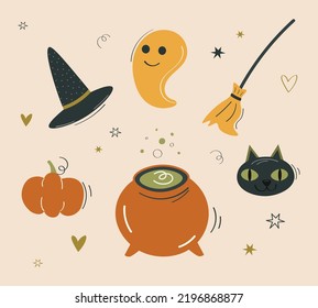Halloween set decoration. Collection of elements. Horror night party design. Halloween symbol icons. Cauldron, pumpkin, witch hat, cat, ghost, broom. Flat vector illustration on a beige background.