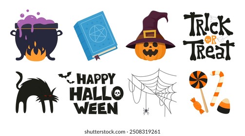 Conjunto de Elementos decorativos de Halloween para el diseño. Calabaza naranja, araña, gato, bruja, libro de magia, caldero de poción mágica, letras de miedo. Ilustración vectorial de colección con decoraciones navideñas.