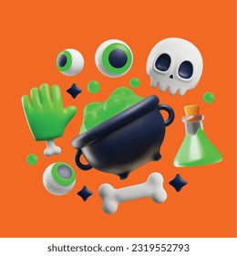 Halloween set of decorative elements in plastic cartoon style. Zombie eyes, green hand, skull and bone, witch cauldron with bubbling green liquid, magic potion. Vector realistic 3d illustrations