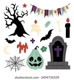 Halloween. Conjunto de Elementos festivos decorativos en un estilo plano. Ilustración de una calabaza, árbol, guirnalda y lápida.