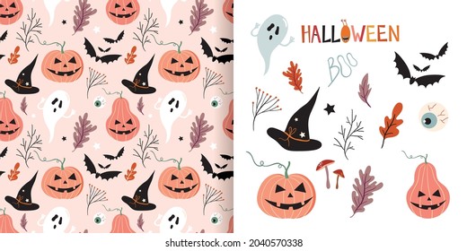 Halloween set with decorative seamless pattern and cute seasonal elements isolated