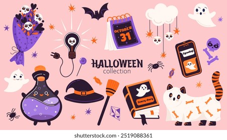 Halloween set of design elements. Potion, cat character, creepy ghost, skull and bones, phone, October 31 calendar, bouquet with skulls. Stickers, patches, invitations. Vector illustrations