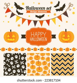 Halloween set of design elements - seamless patterns, label, stars, garland, bats, pumpkins, header, ribbon 