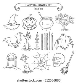 Halloween set of design elements. Vector toolkit for posters, invitations and decor. Monochrome vintage illustration.