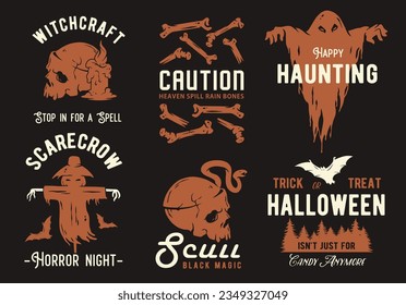 Halloween set of designs for the feast of the dead or Dia de los Muertos. Collection of emblems with ghost, skull, bones, bat and scarecrow for Halloween party and mystery night, Cinco de Mayo