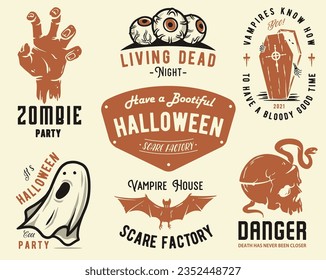 Halloween set of designs for the feast of the dead or Dia de los Muertos. Collection of emblems with ghost, skull, coffin, bat and zombie hand for Halloween party and mystery night, Cinco de Mayo