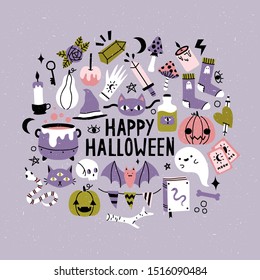 Halloween set with different cute cartoon objects: pumpkin, cat, bat, skull, snake, potions. Vector halloween card, banner or poster template