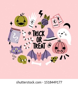 Halloween set with different cute cartoon objects: pumpkin, cat, bat, skull, snake, potions on pastel pink background with trick or treat text. Vector halloween card, banner or poster template