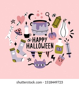 Halloween set with different cute cartoon objects: pumpkin, cat, bat, skull, snake, potions on pastel pink background with happy halloween text. Vector halloween card, banner or poster template