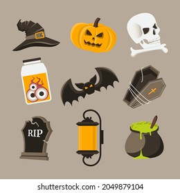 Halloween set with different elements: skull, potion, witch hat, Pumpkin, Eye, bat, Tombstone, lantern, for party invites. Halloween set. Vector Halloween icons set