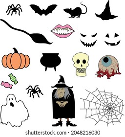 Halloween set of different items and characters. Cartoon style. Illustration. Vector. Isolated