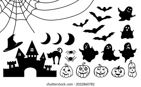 Halloween is a set of different objects and symbols in black on a white isolated background.