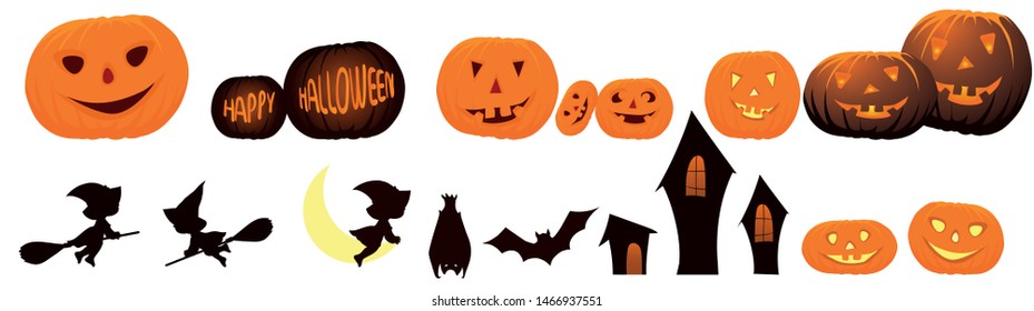 Halloween set. Different pumpkins, the pumpkin with text, witches, three buildings, the moon with the enchantress. For banners, logo.