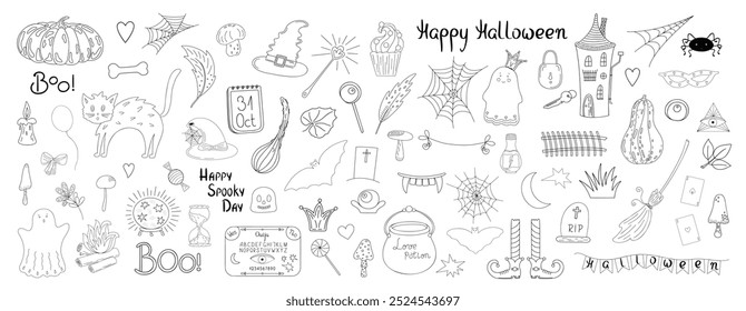 Decoração comemorativa de feriado de outono conjunto de Halloween, ilustração assustadora bonito, chapéu de bruxa símbolo de feriado moderno, veneno, dentes, meia, pena, boo, cogumelo, casa assombrada, ouija, teia de aranha, abóbora