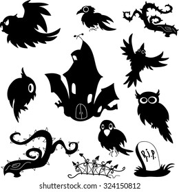 Halloween set of doodle cartoon pictures in black and white
