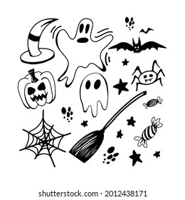 Halloween set of  doodle clipart. Funny, cute illustration for seasonal design, textile, decoration kids playroom or greeting card. Hand drawn prints and doodle.