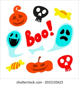 Halloween set of  doodle clipart. Funny, cute illustration for seasonal design, textile, decoration kids playroom or greeting card. Hand drawn prints and color halloween elements for celebration.