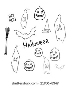 Halloween set. Doodle halloween icons. Drawn ghosts, pumpkins, bats