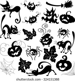 Halloween set of doodle pictures in black and white