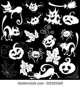 Halloween set of doodle pictures in black and white. Vector illustration.