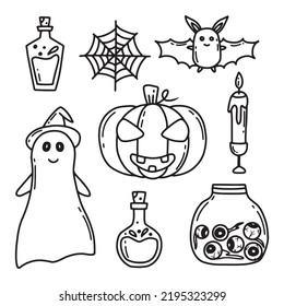 Halloween Set. Doodle Style. Vector Illustration. Terrible Collection For Halloween. Ghost, Pumpkin, Potion, Jar With Eyes.