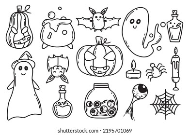 Halloween Set. Doodle Style. Vector Illustration. Terrible Collection For Halloween. Ghost, Pumpkin, Potion, Jar With Eyes.