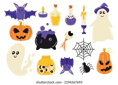 Halloween Set. Doodle Style. Vector Illustration. Terrible Collection For Halloween. Ghost, Pumpkin, Potion, Jar With Eyes.