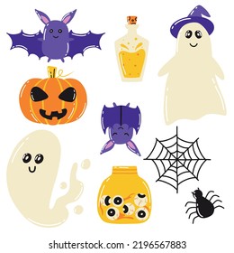 Halloween Set. Doodle Style. Vector Illustration. Terrible Collection For Halloween. Ghost, Pumpkin, Potion, Jar With Eyes.