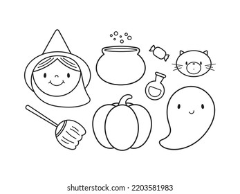 Halloween set in doodle style. Vector illustration on a white background. For card, posters, stickers, banners, printing on the pack, printing on clothes, fabric, wallpaper.