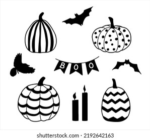 Halloween set. Doodle set with stylized pumpkins, bats, crow and candles. The day of the Dead. Element for postcard, stickers, banner, invitation. October. Halloween icon set