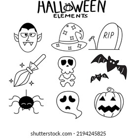 Fiesta de Halloween. Juego de doodles con calabazas estilizadas, murciélagos, cuerdas y velas. El día de los muertos. Elemento para postal, pegatinas, banner, invitación. Octubre. Conjunto de iconos de Halloween