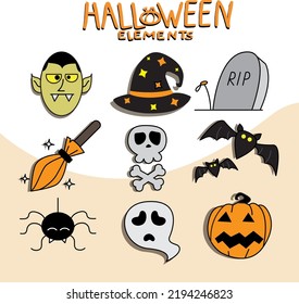 Halloween set. Doodle set with stylized pumpkins, bats, crow and candles. The day of the Dead. Element for postcard, stickers, banner, invitation. October. Halloween icon set