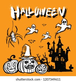 Halloween set, drawn Halloween  drawing  sketch .Halloween pumpkins elements of cemetery.  Vector illustration .
