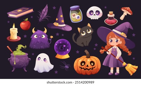 Juego de Halloween. Conjunto festivo dibujado de Elementos. Iconos vectoriales de calaveras, brujería, fantasmas, calabazas